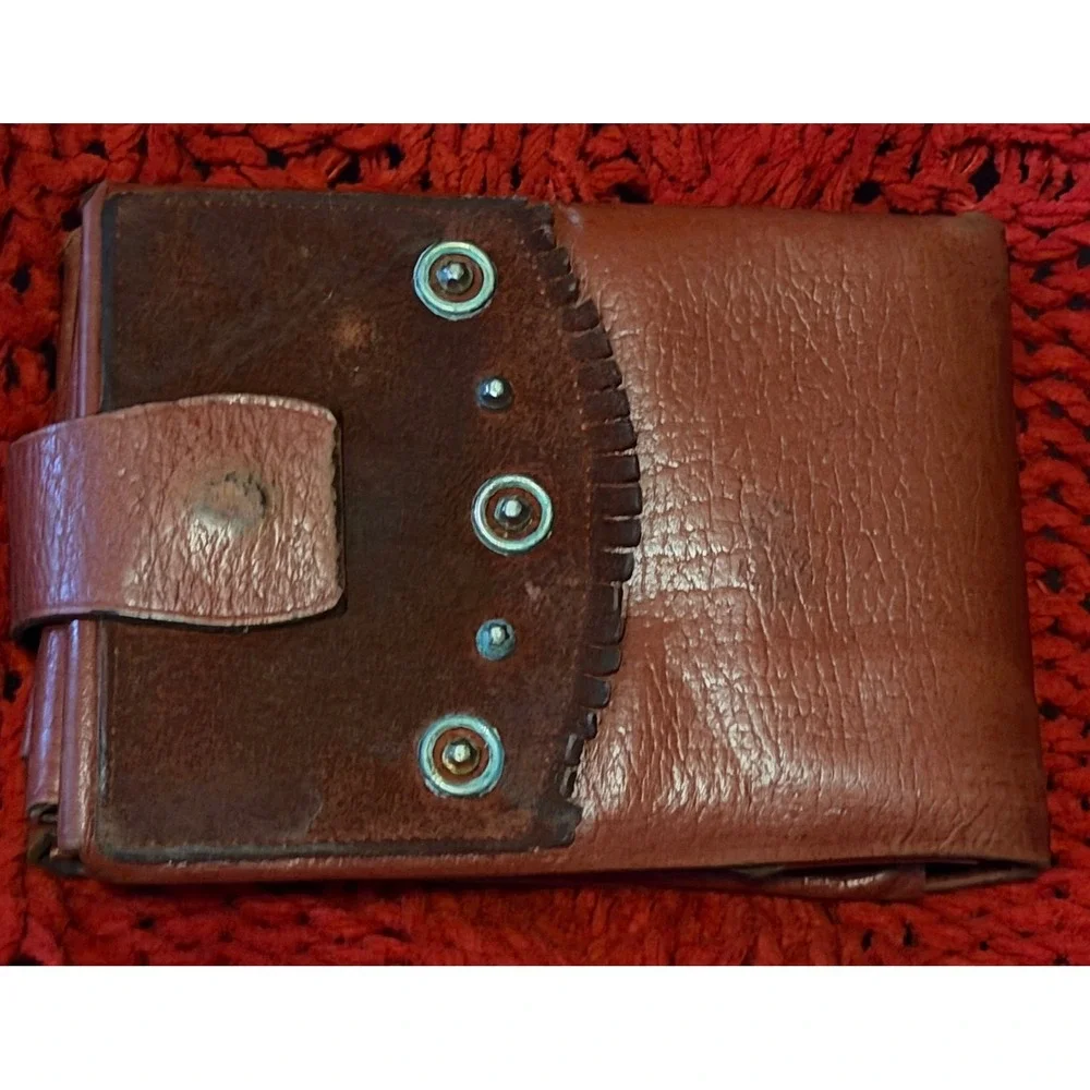 Vintage Princess Gardner Studded Pebbled Leather Bifold Wallet Brown Suede Trim